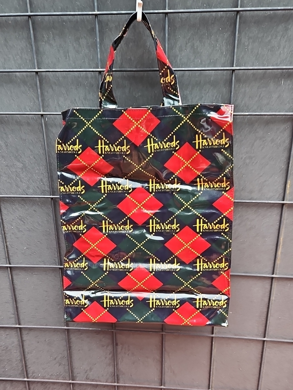 Vintage NEW  Harrods Knightsbridge Argyle Black Red Laminated Tote Gold Logo